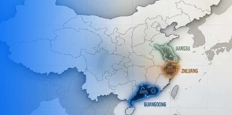 Map showing major Chinese manufacturing regions including Guangdong, Zhejiang, and Jiangsu