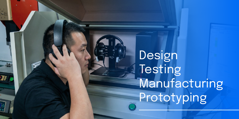 Team in product development holding a headphone