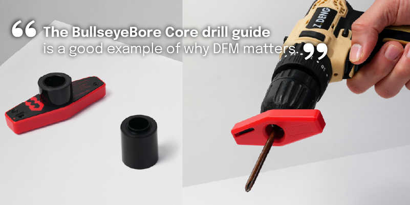 BullseyeBore Core drill guide components and in-use application — a DFM case study in precision tolerances and scalable assembly